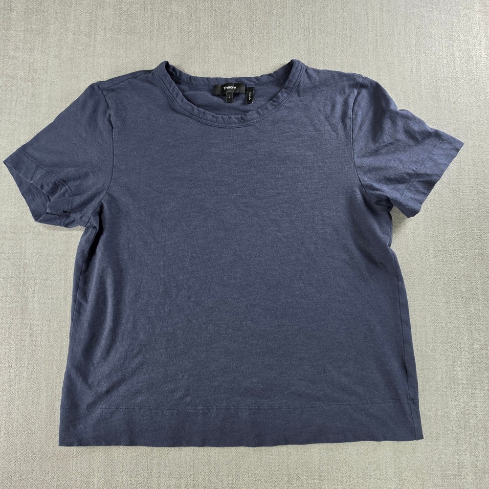 Theory T-Shirt Women Large Blue Short Sleeve Linen Blend Crewneck Tee